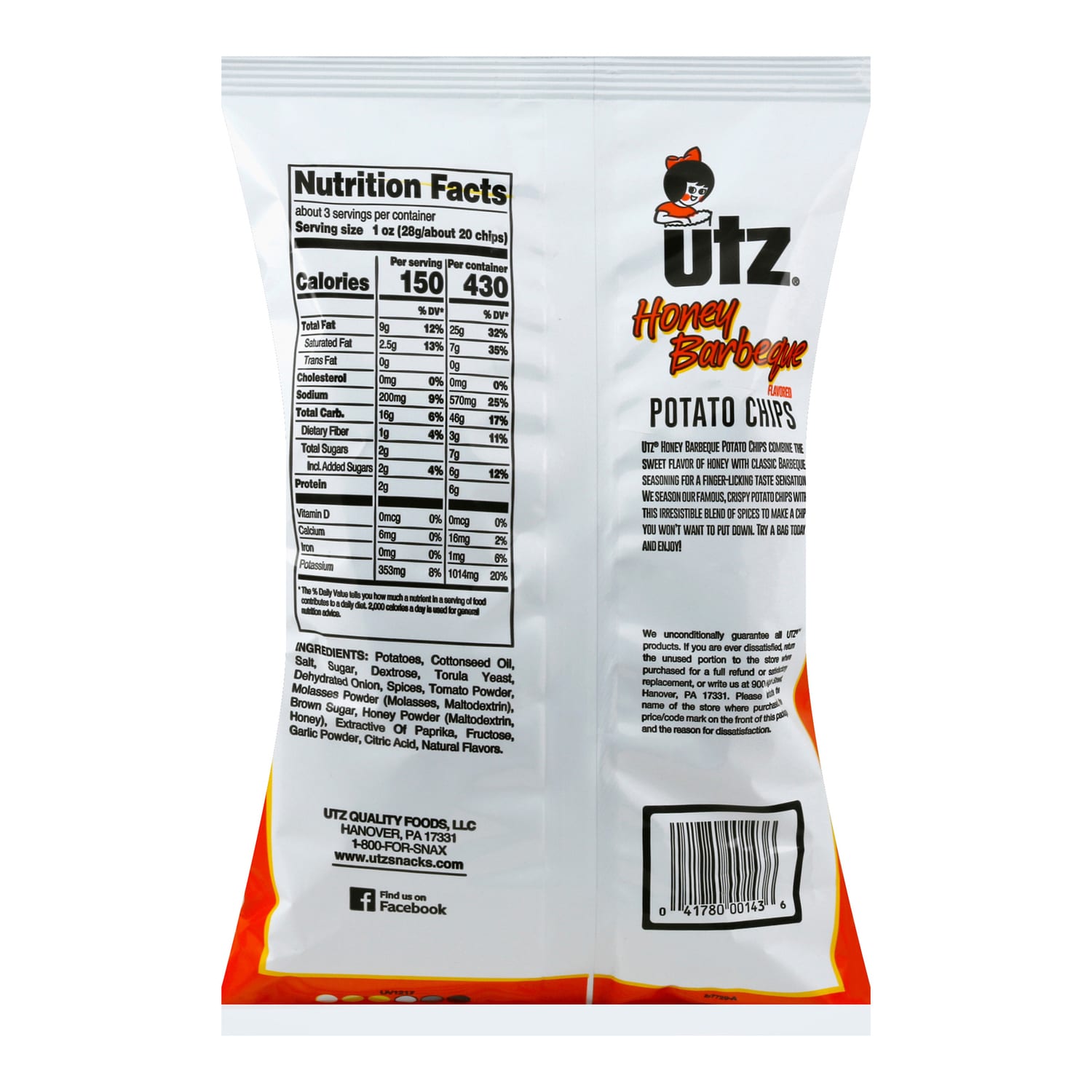 Utz Potato Chips Honey Barbeque Flavored, 2.875 oz. Bag