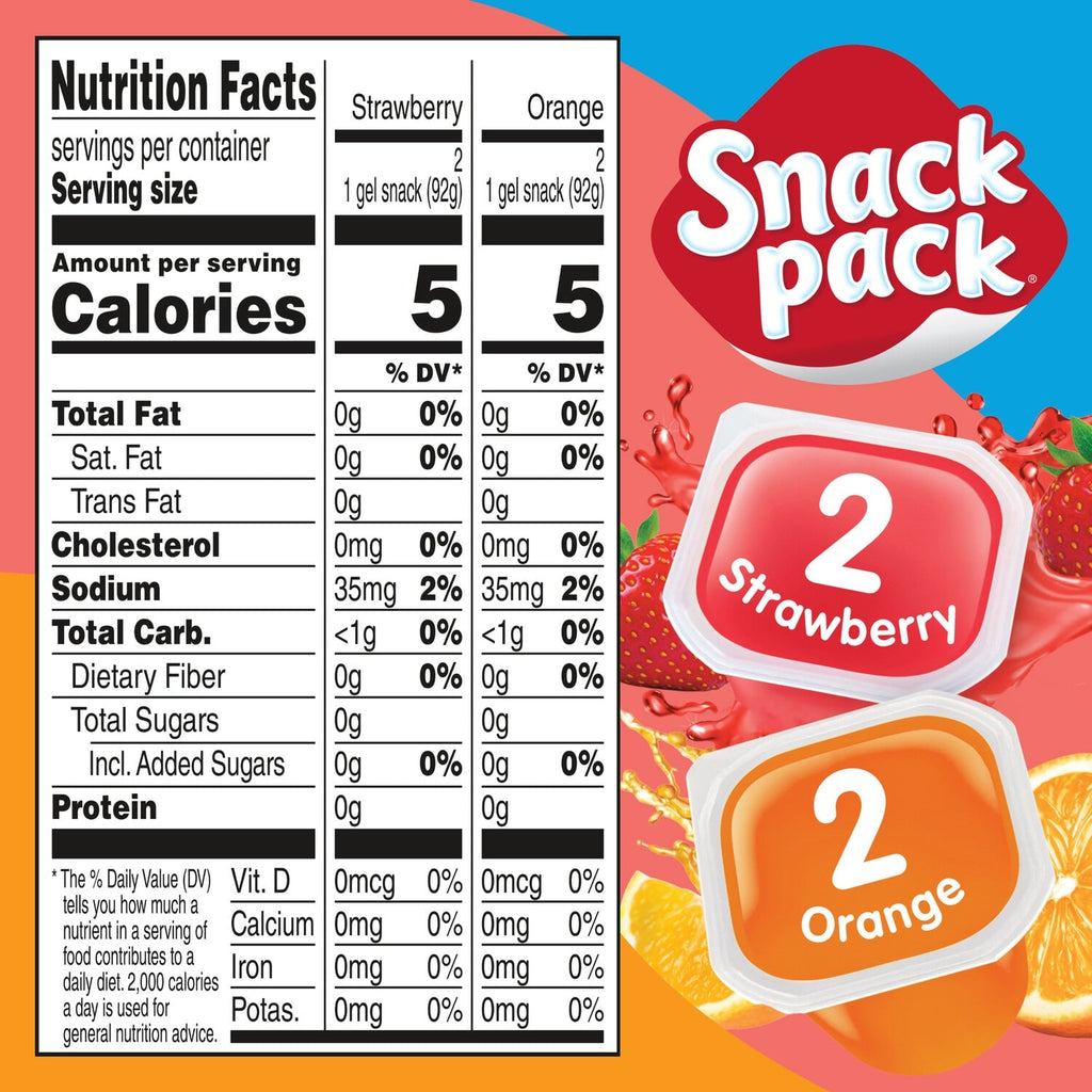 Snack Pack Zero Sugar Strawberry and Orange Flavored Juicy Gels, 3.25 oz Snack Cups, 4 Count