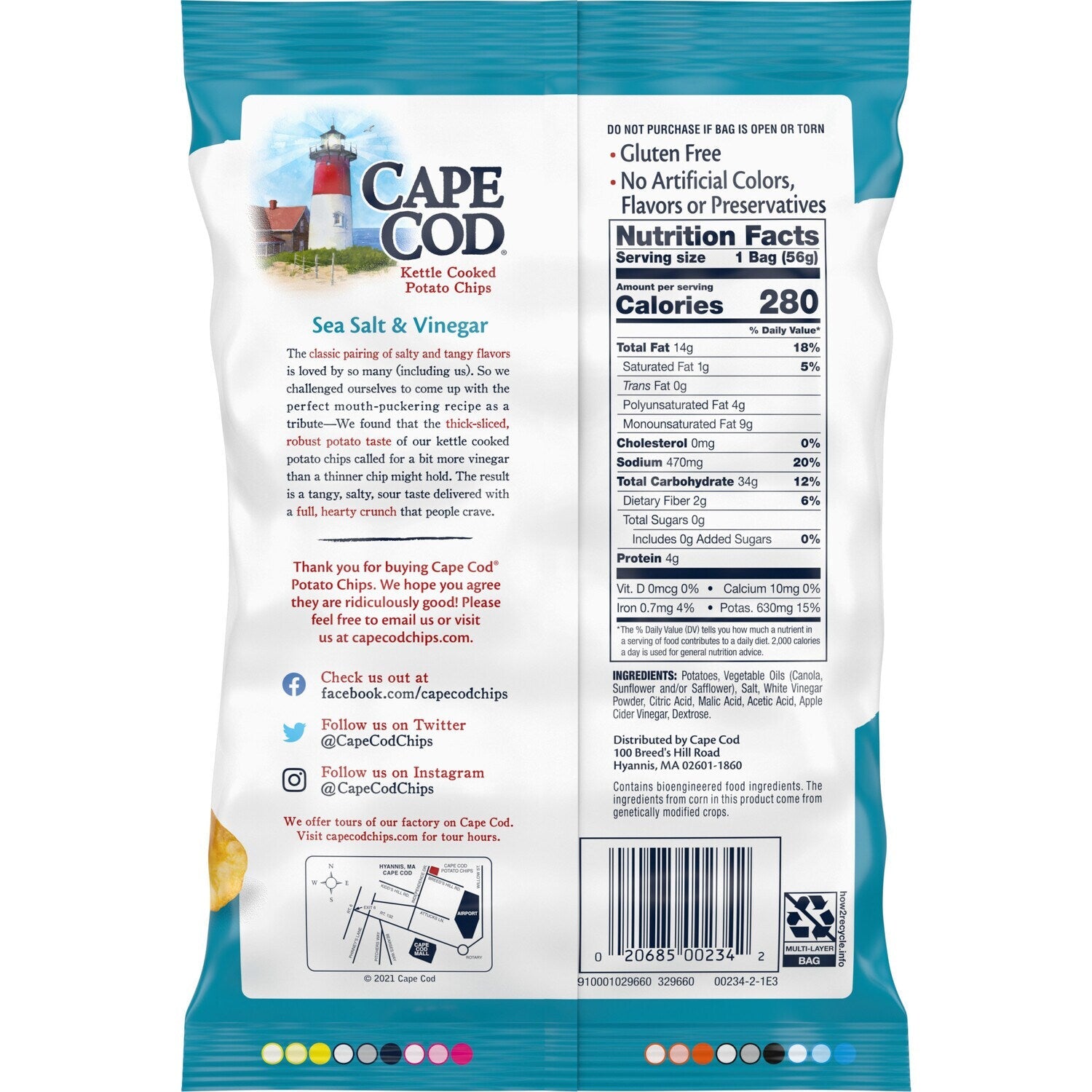 Cape Cod Sea Salt and Vinegar Kettle Potato Chips, 2-oz. Bag