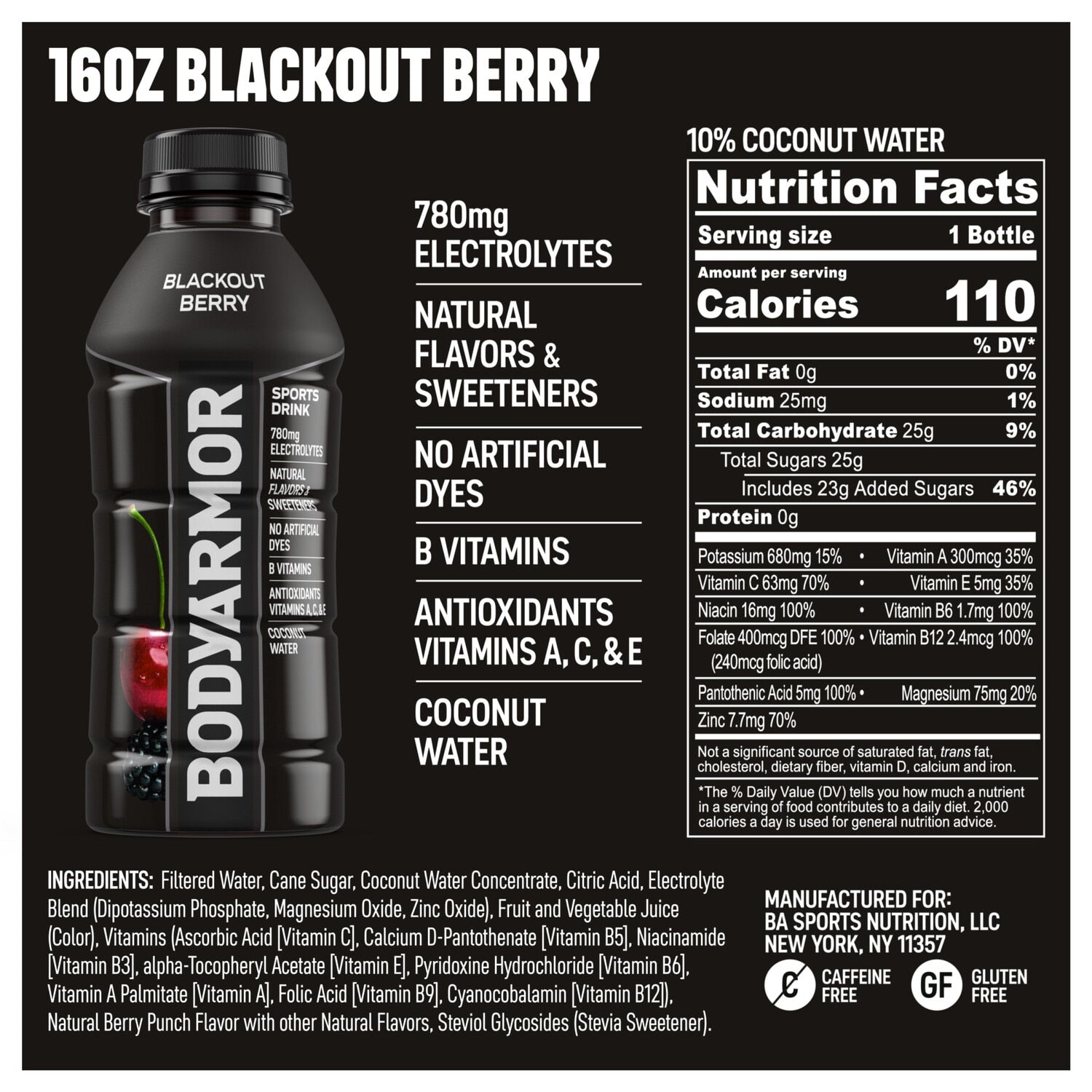 BODYARMOR Blackout Berry Sports Drink, 16 fl oz Bottle