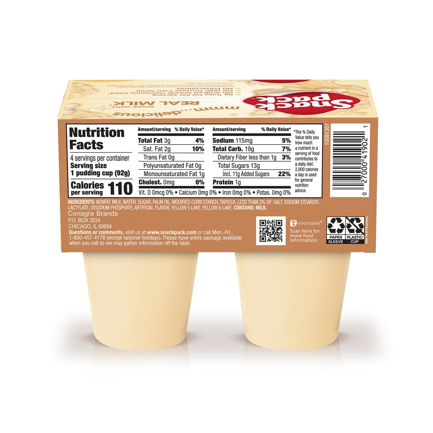 Conagra Brands Snack Pack Tapioca Pudding, 4-pc Pack.