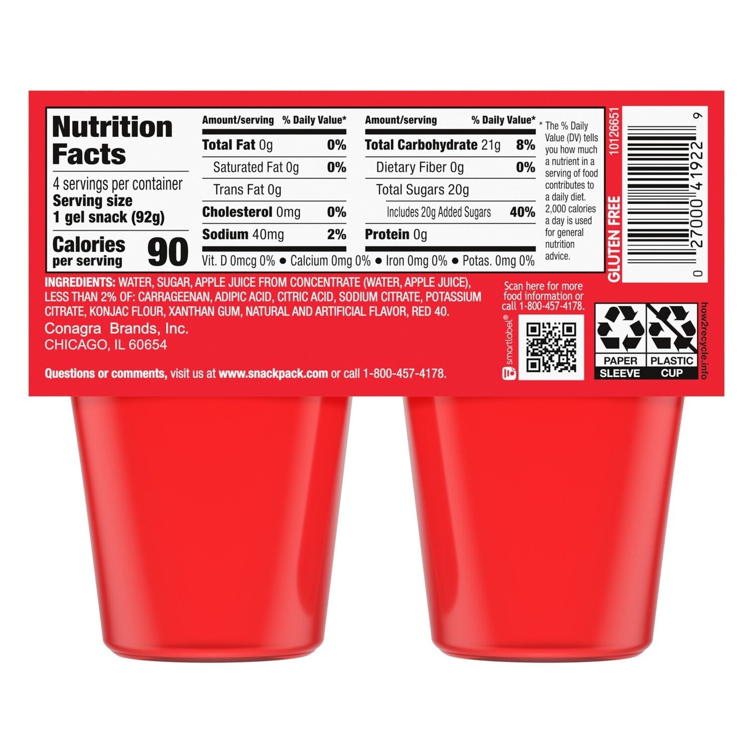 Snack Pack Strawberry Flavored Juicy Gels, 3.25 oz Snack Cups, 4 Count, 12 Pack