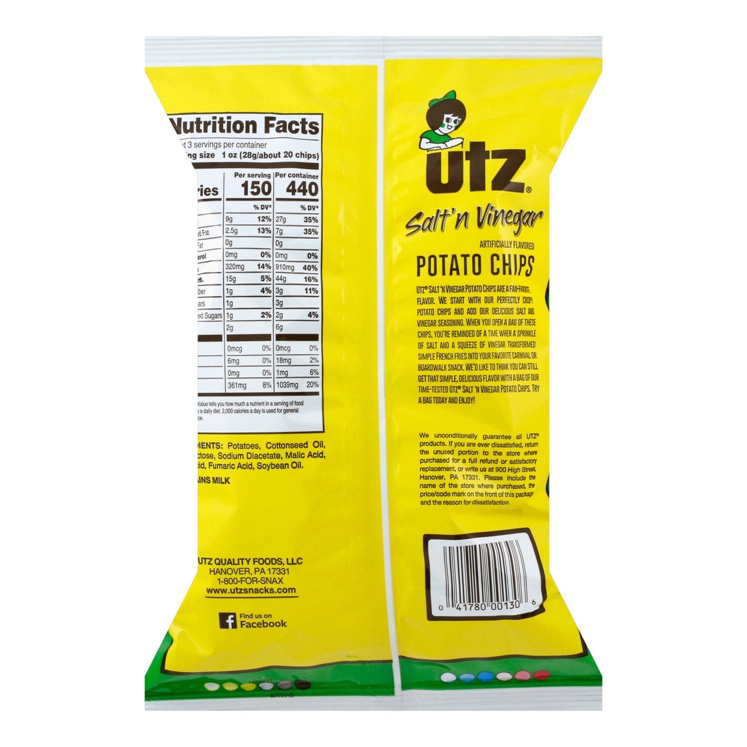 Utz Salt âN Vinegar Potato Chips, 2.875 oz. Bag