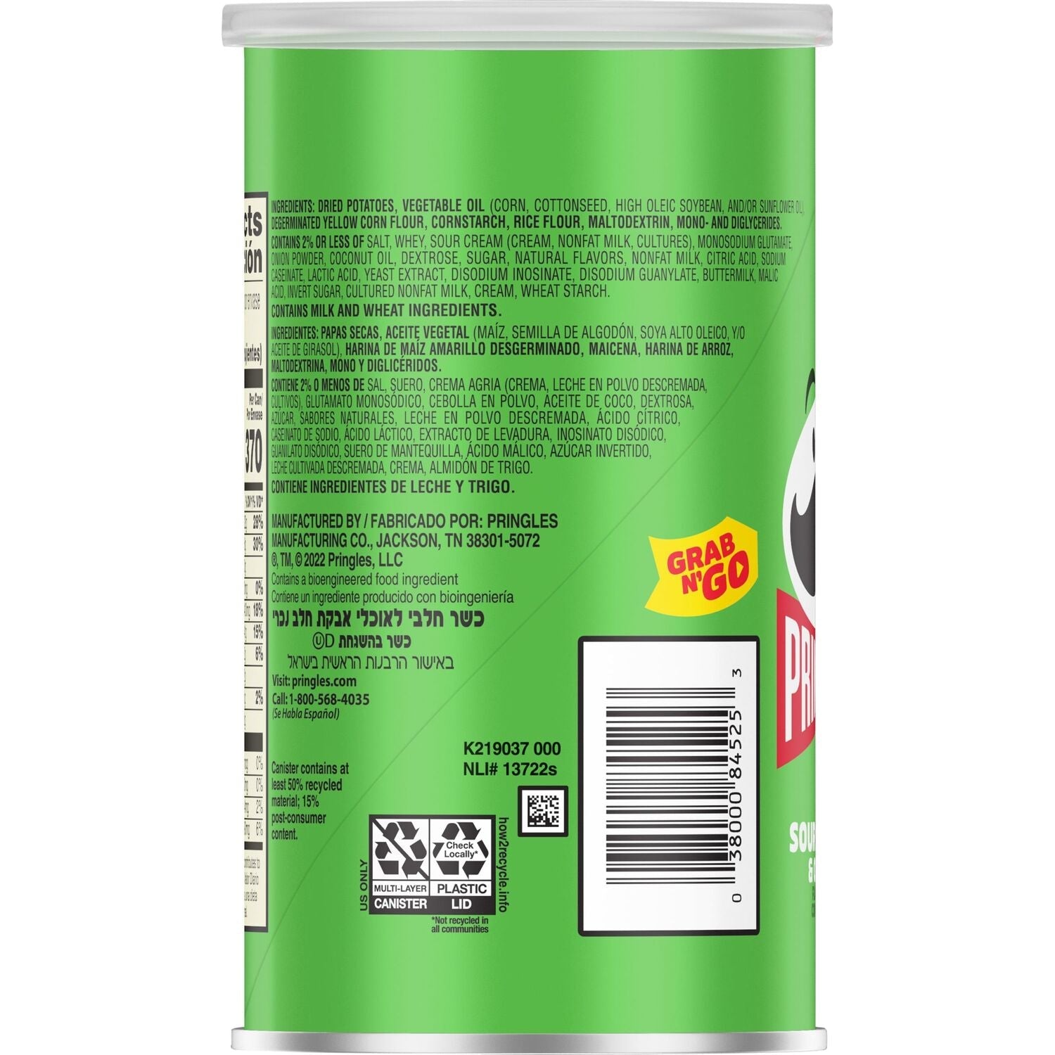 Kellogg's Pringles Grab &amp; Go Sour Cream &amp; Onion Chips, 2.5-oz. Canisters