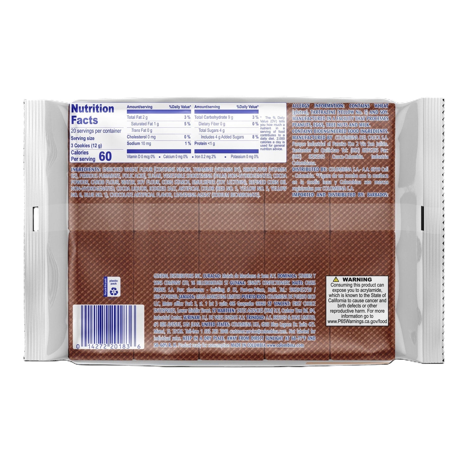 Colombina Sugar Wafer Cookies - Chocolate, 20 ct.