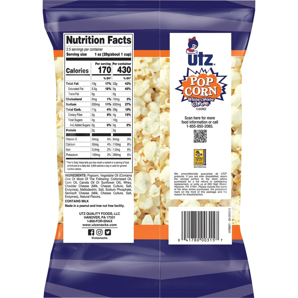 Utz Premium White Cheddar Popcorn, 2.5-oz. Bags