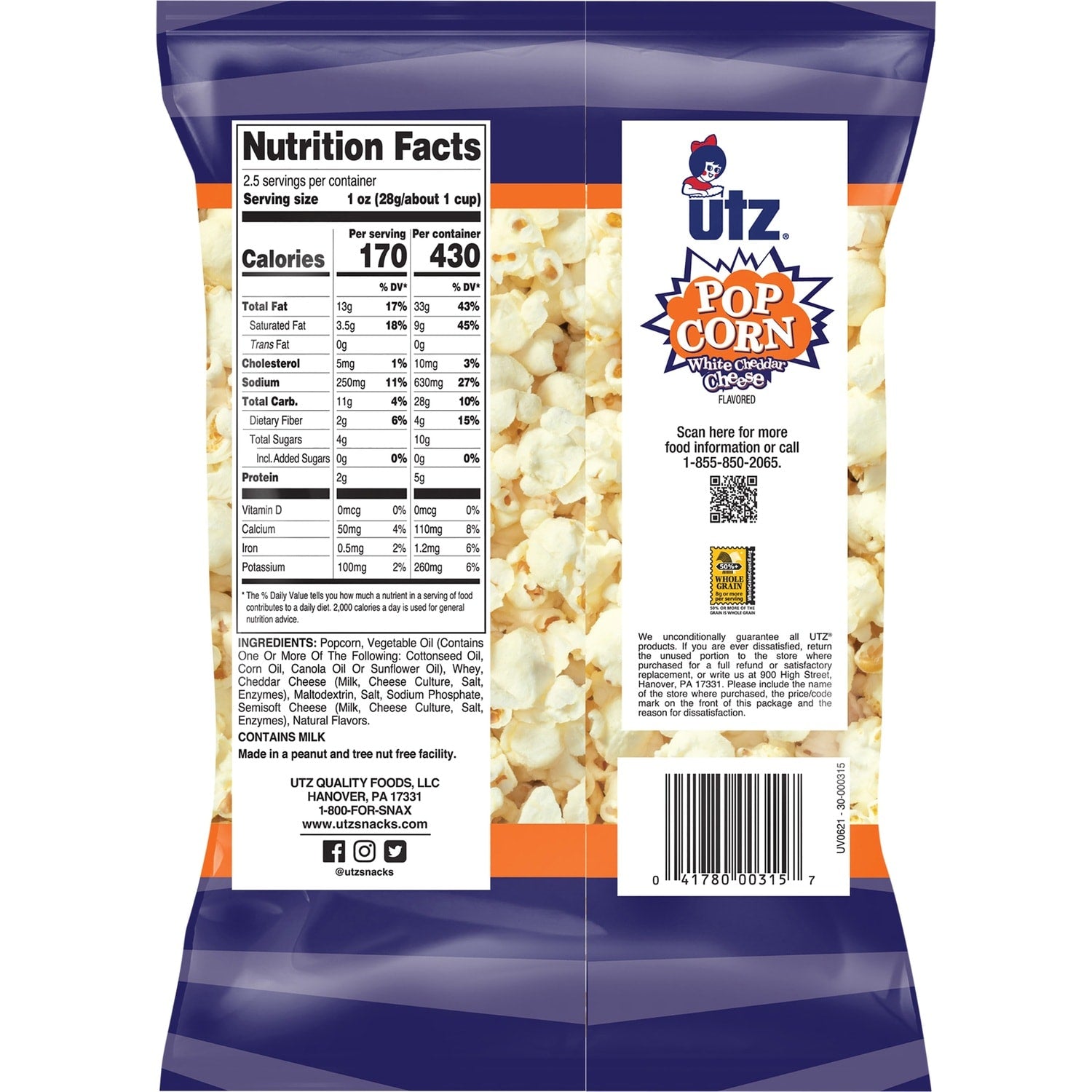 Utz Premium White Cheddar Popcorn, 2.5-oz. Bags