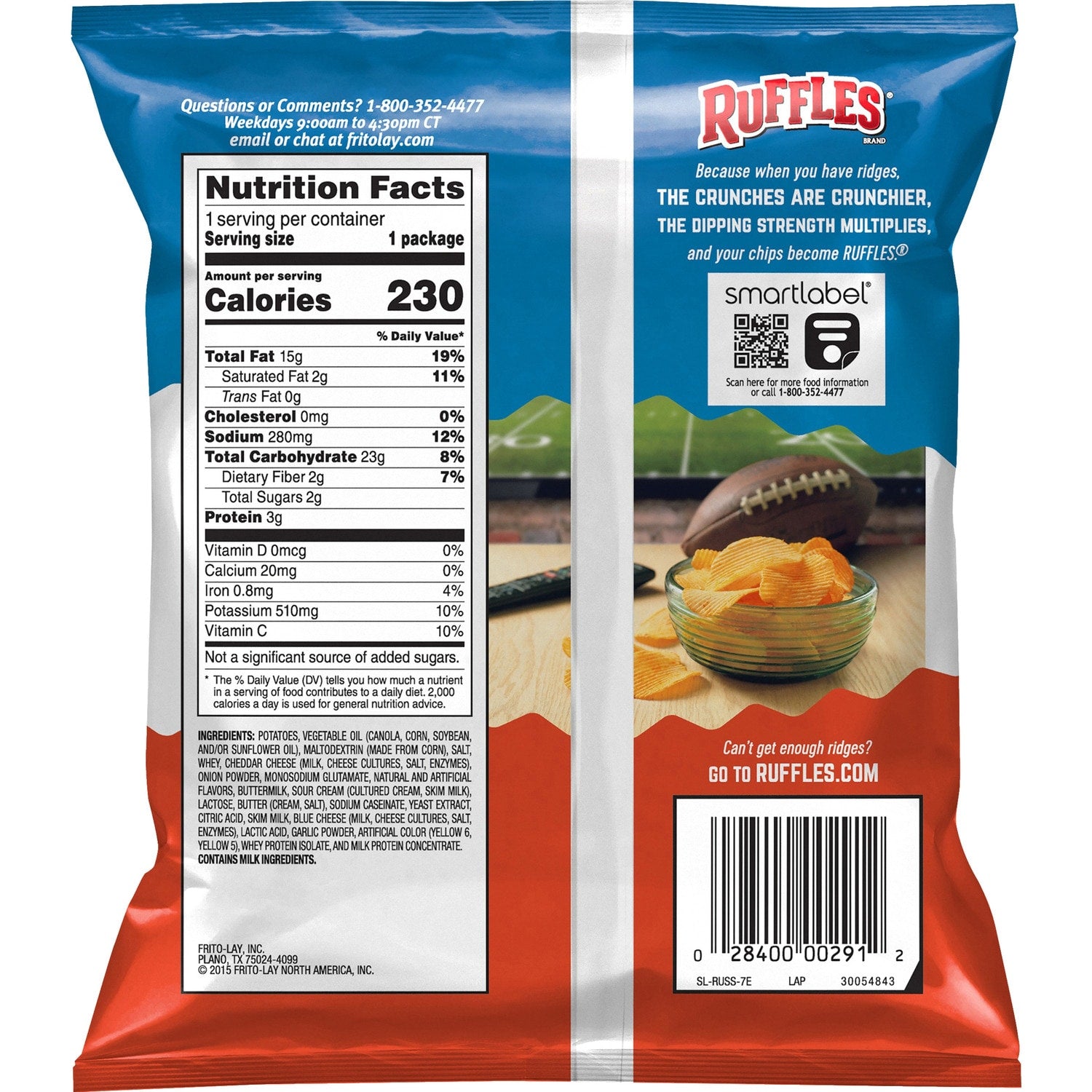 Ruffles Potato Chips Cheddar &amp; Sour Cream Flavored 1 1/2 Oz