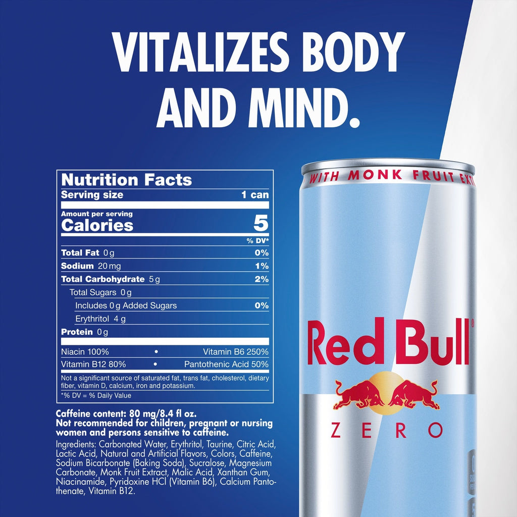Red Bull Zero Energy Drink, 8.4 fl. oz. Can, 80mg Caffeine,&nbsp;Taurine&nbsp;&amp; B&nbsp;Vitamins