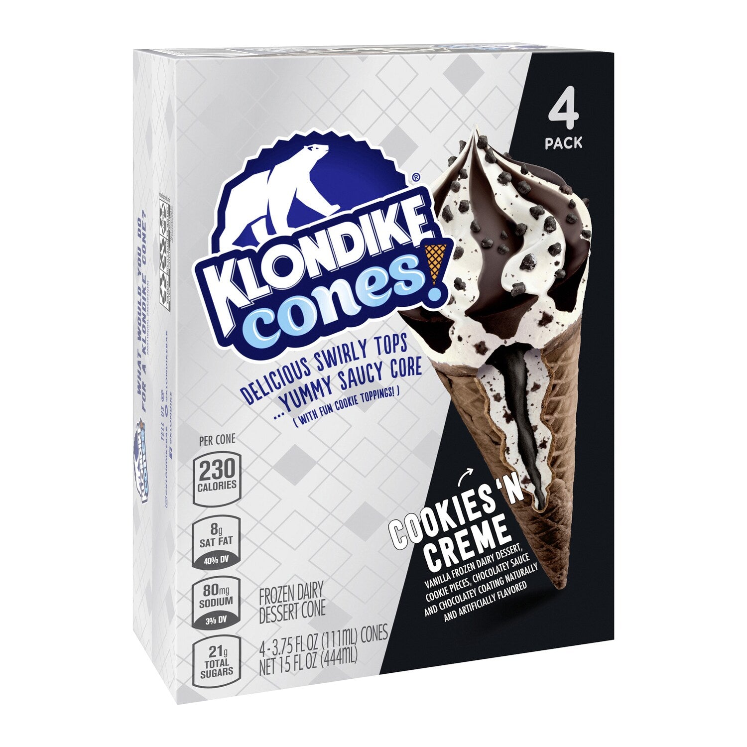 Klondike Cookies 'N Cream Flavored Frozen Dairy Dessert Cone, 4-pc Pack.