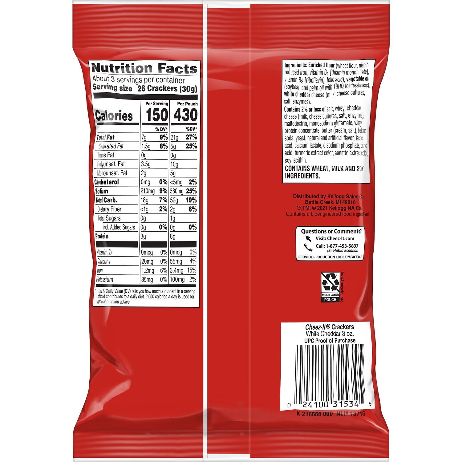 Kellogg's Cheez-It Baked Snack Cheese Crackers - White Cheddar, 3 oz.