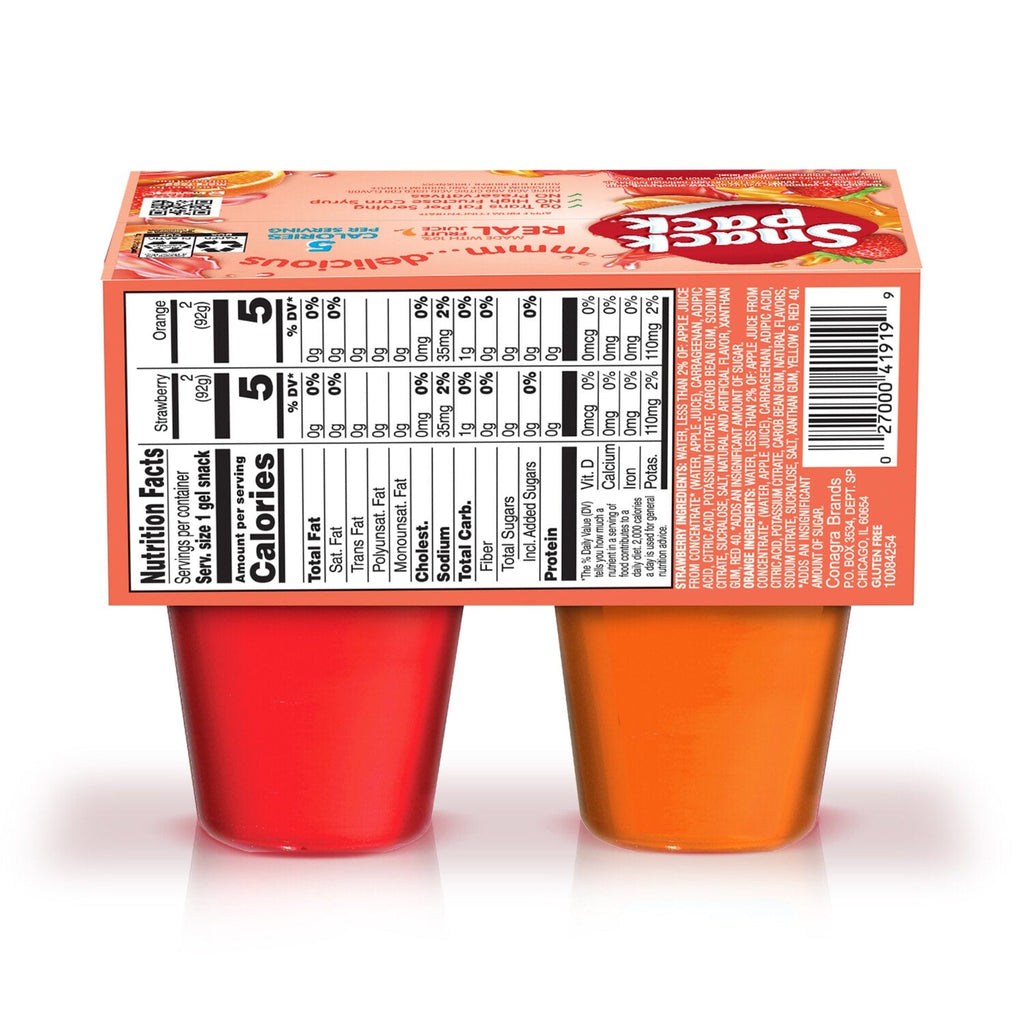 Snack Pack Zero Sugar Strawberry and Orange Flavored Juicy Gels, 3.25 oz Snack Cups, 4 Count