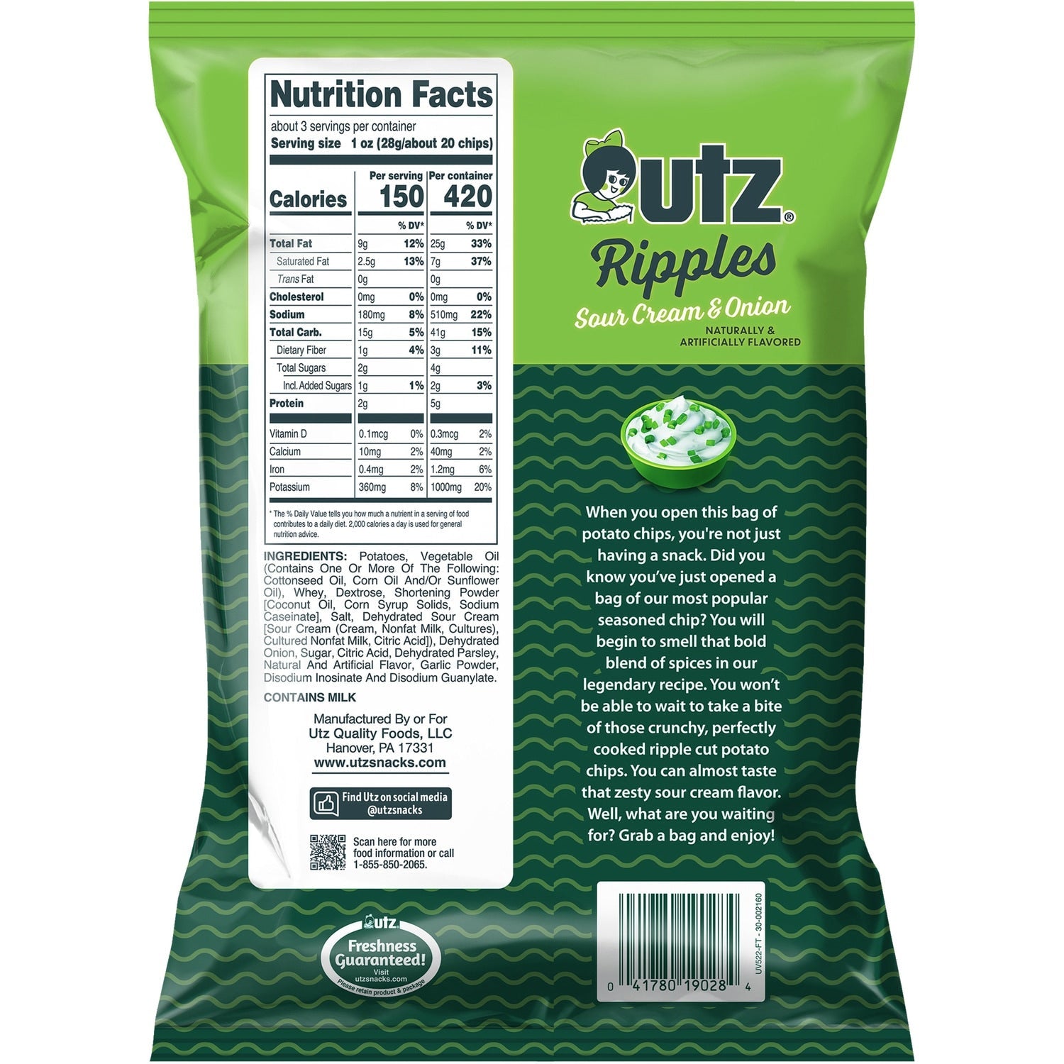 Utz Ripples Sour Cream &amp; Onion Potato Chips 2.75 oz.
