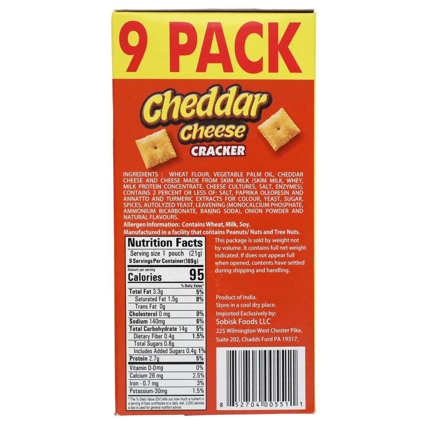 Sobisk Cheddar Cheese Crackers, 9-pack, 6.75 oz.