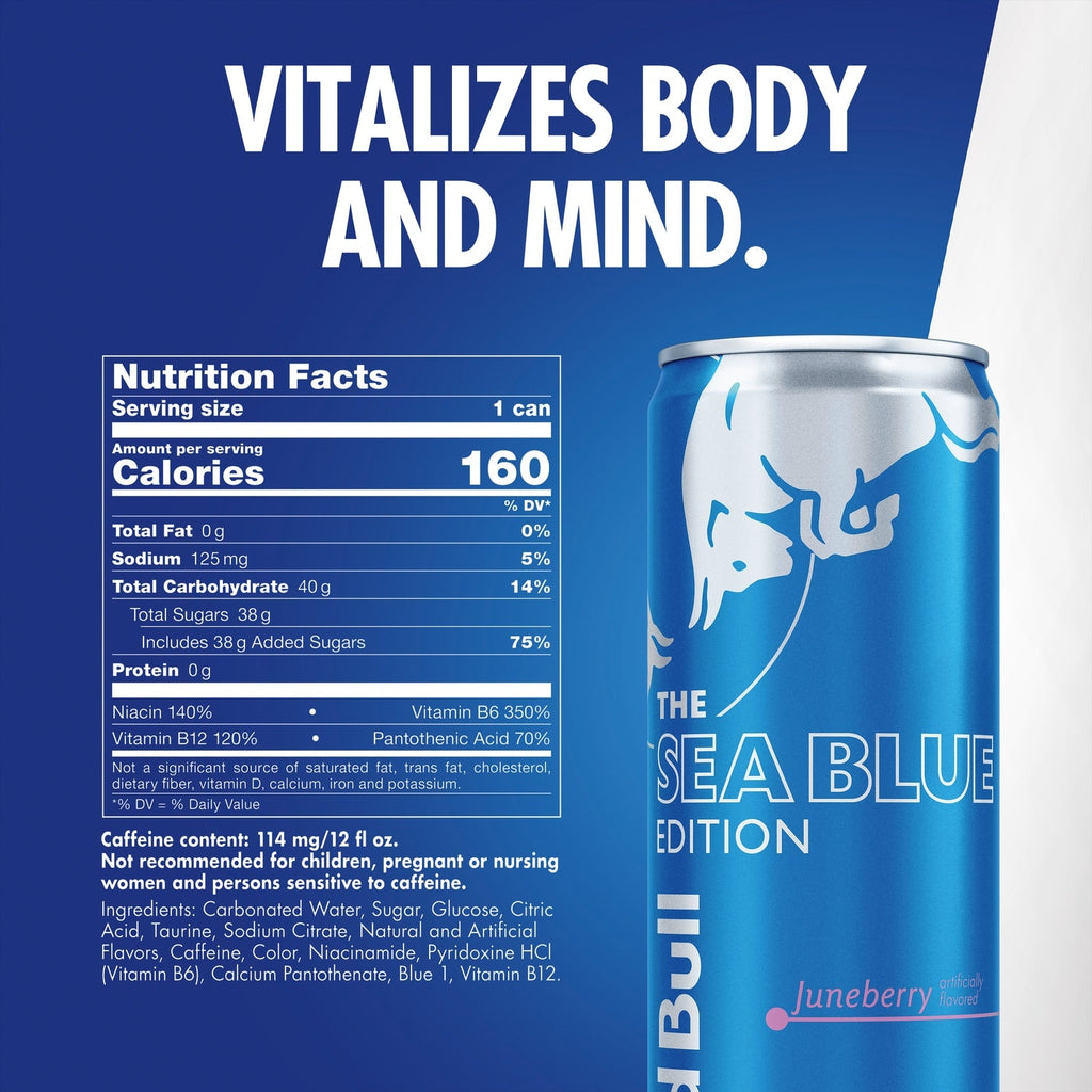 Red Bull Sea Blue Edition Energy Drink, Juneberry, 114mg Caffeine, 12 fl oz Can