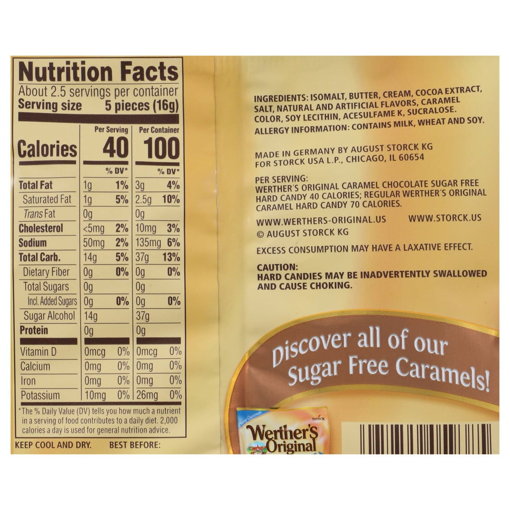 Werther's Original Sugar Free Caramel Chocolate Hard Candies, 1.46-oz. Bags