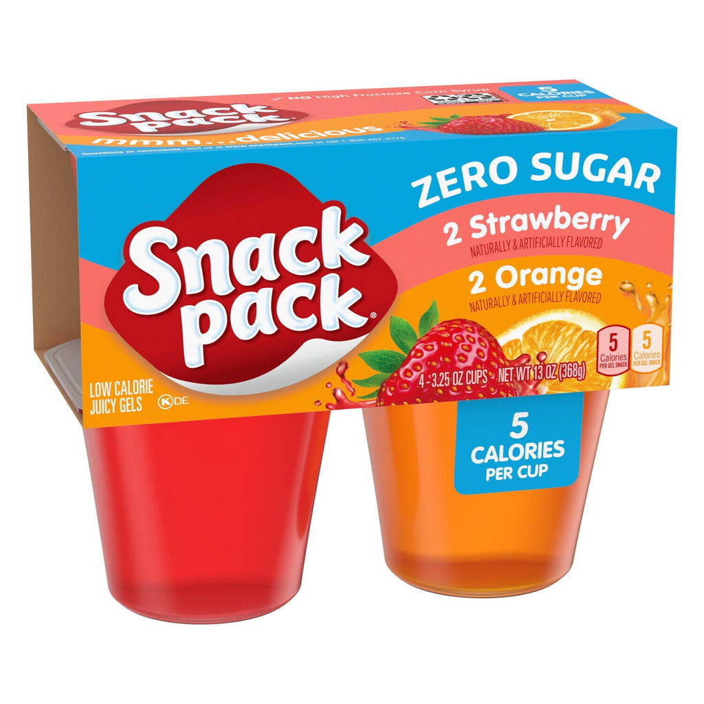 Snack Pack Zero Sugar Strawberry and Orange Flavored Juicy Gels, 3.25 oz Snack Cups, 4 Count