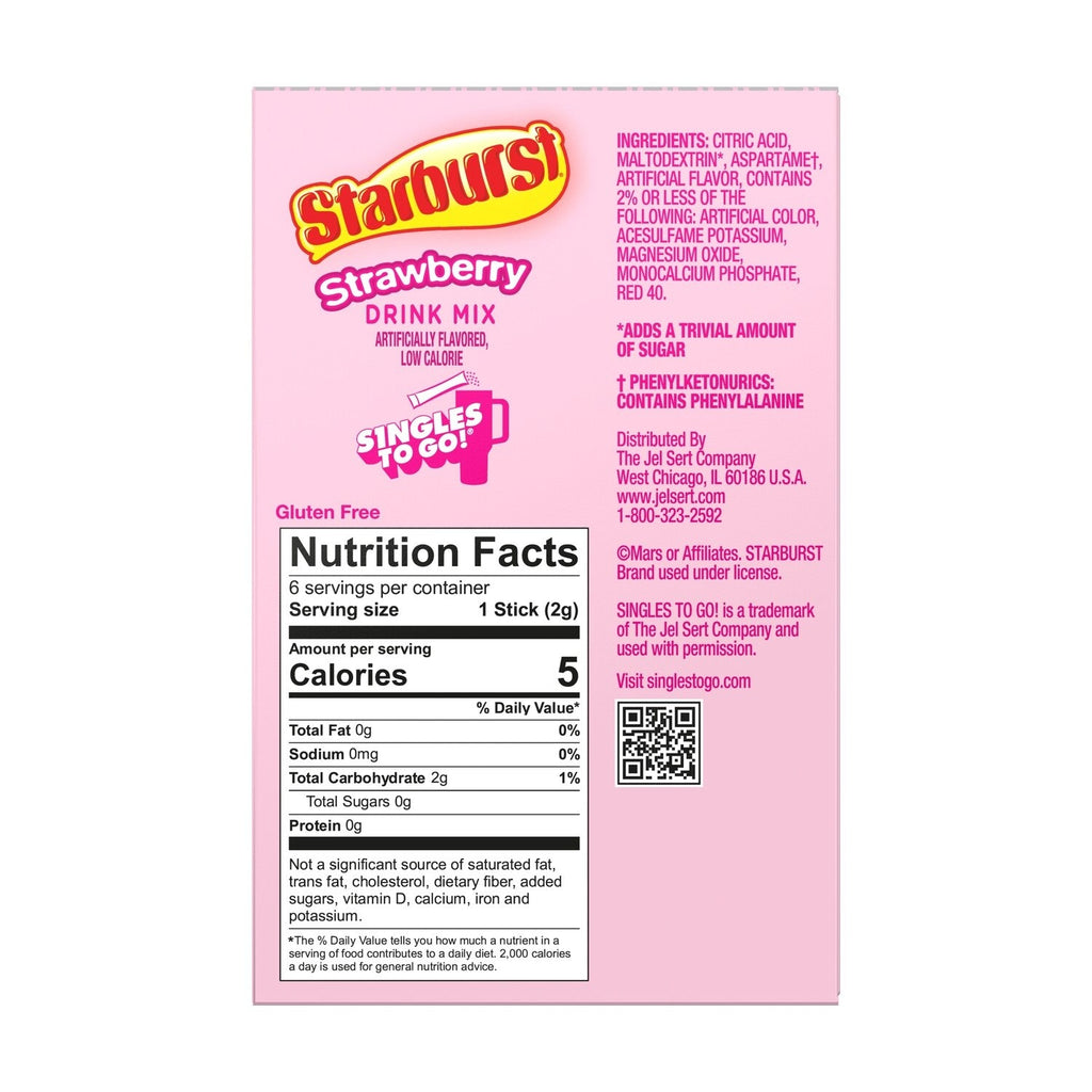 Starburst Zero Sugar Strawberry Drink Mix, 6-pc Pack.