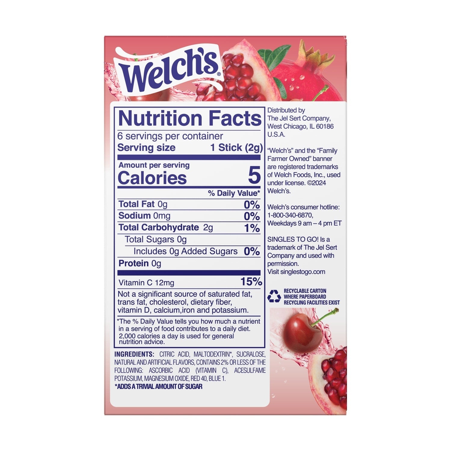 Welch's Cherry Pomegranate Low Calorie Drink Mix, 6-pc Pack.