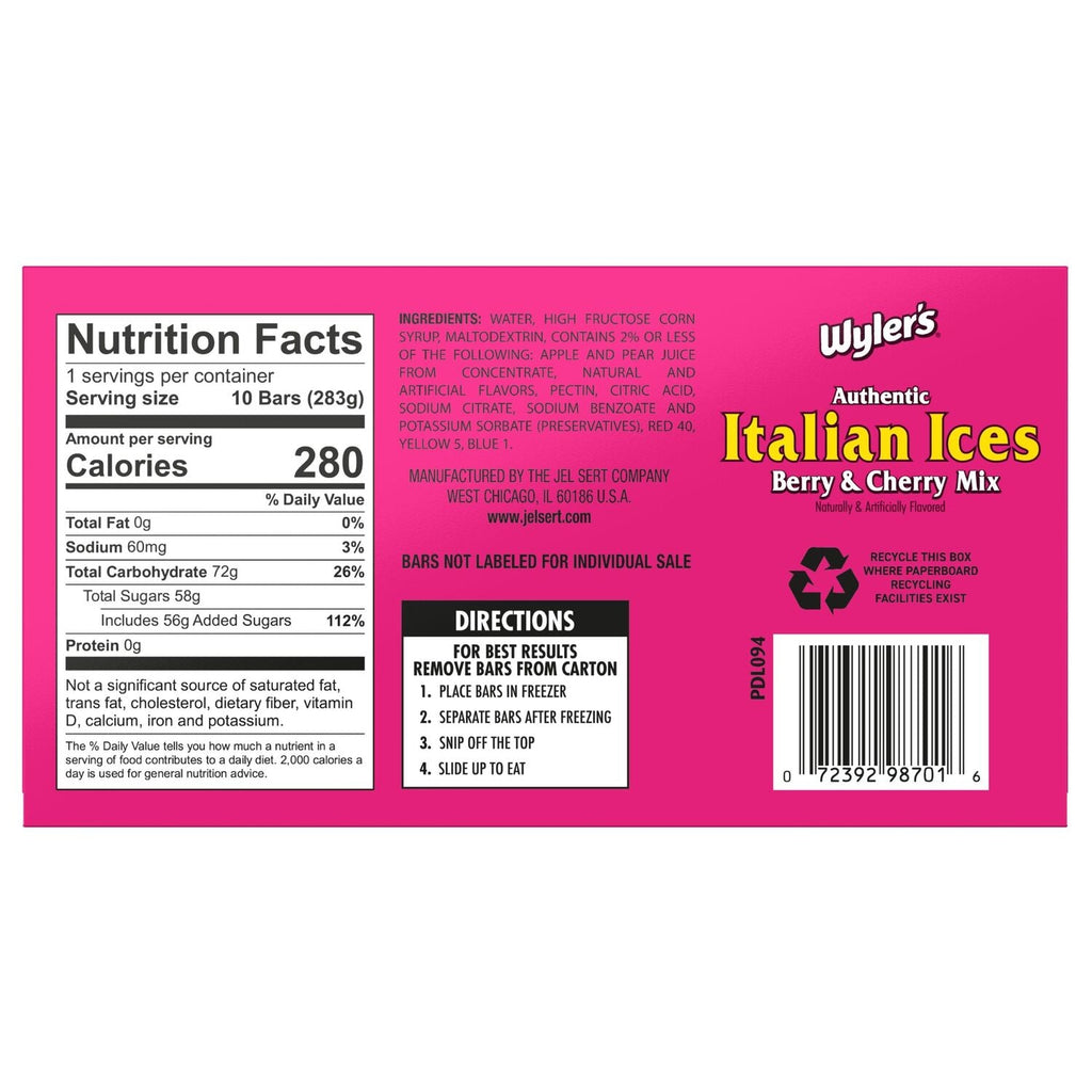 Wyler's Italian Ice Berry and Cherry Assorted Freezer Bars, 10 ct. Box