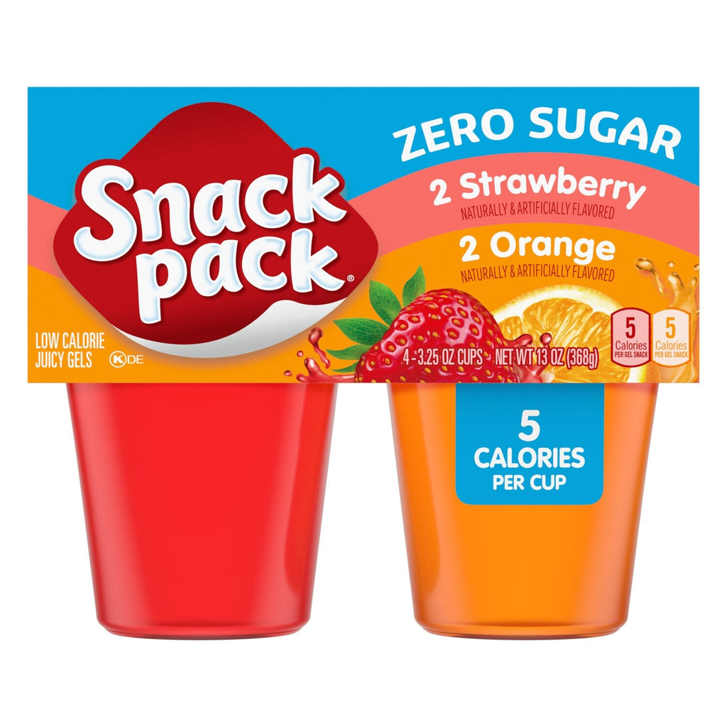 Snack Pack Zero Sugar Strawberry and Orange Flavored Juicy Gels, 3.25 oz Snack Cups, 4 Count
