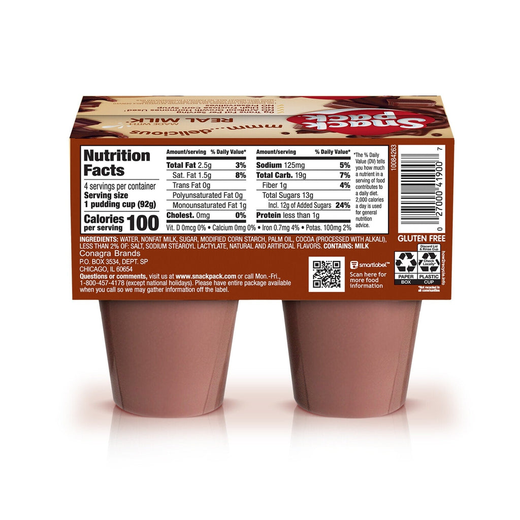Snack Pack Chocolate Pudding, 3.25 oz Pudding Cups, 4 Count