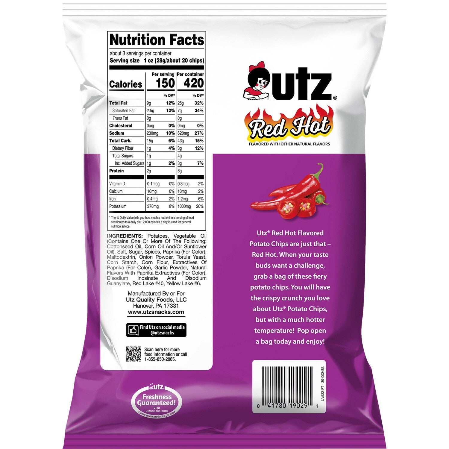 Utz Red Hot Potato Chips 2.75 oz