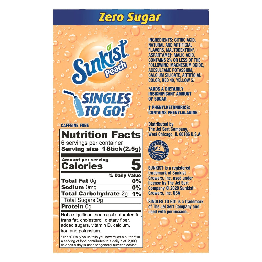 Sunkist Peach-flavored Drink Mix Sticks, 6-pc Pack.