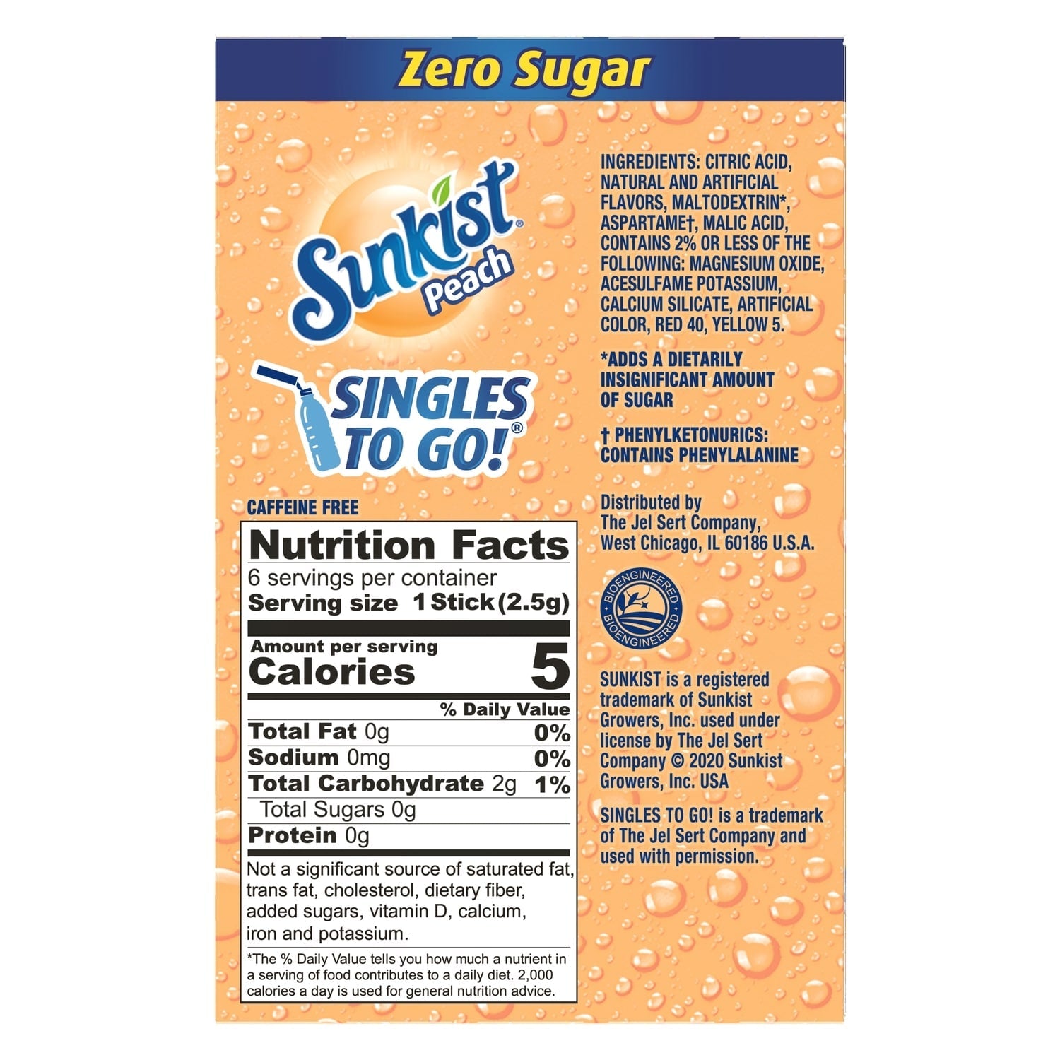 Sunkist Peach-flavored Drink Mix Sticks, 6-pc Pack.