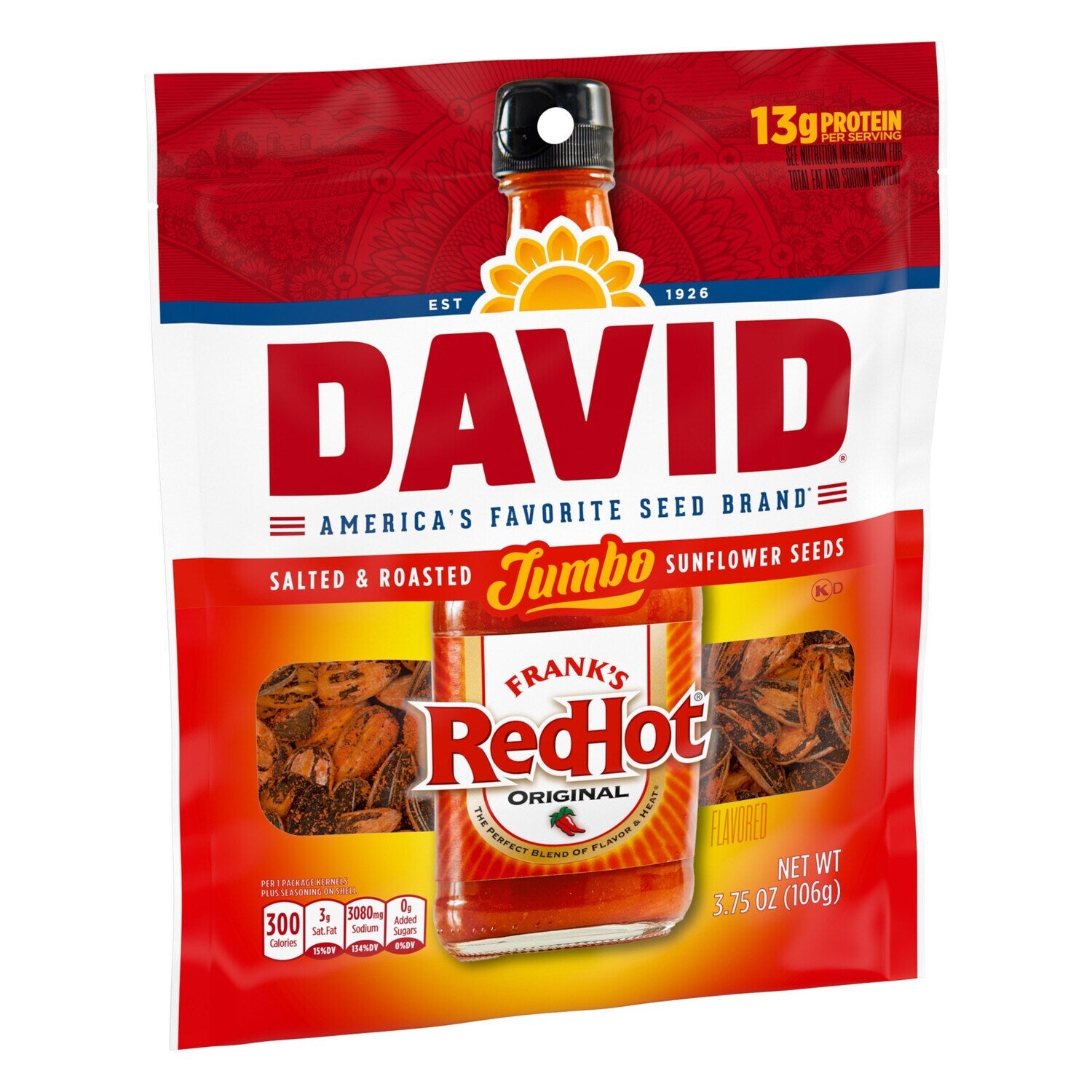 DAVID Jumbo Sunflower Seeds, Frank's RedHot Flavor, 3.75 oz.