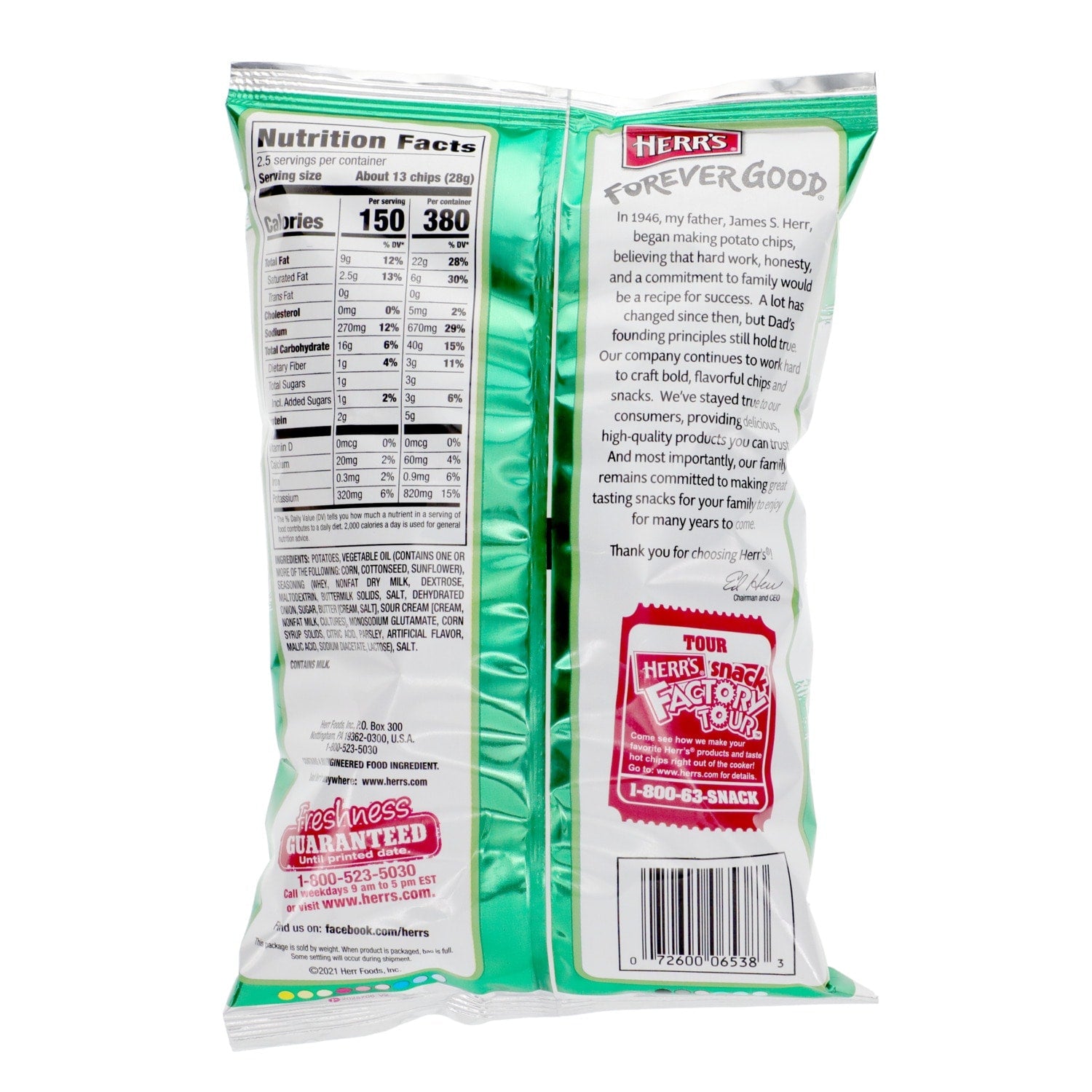 Herrâs Sour Cream and Onion Potato Chips, 2.5 oz.
