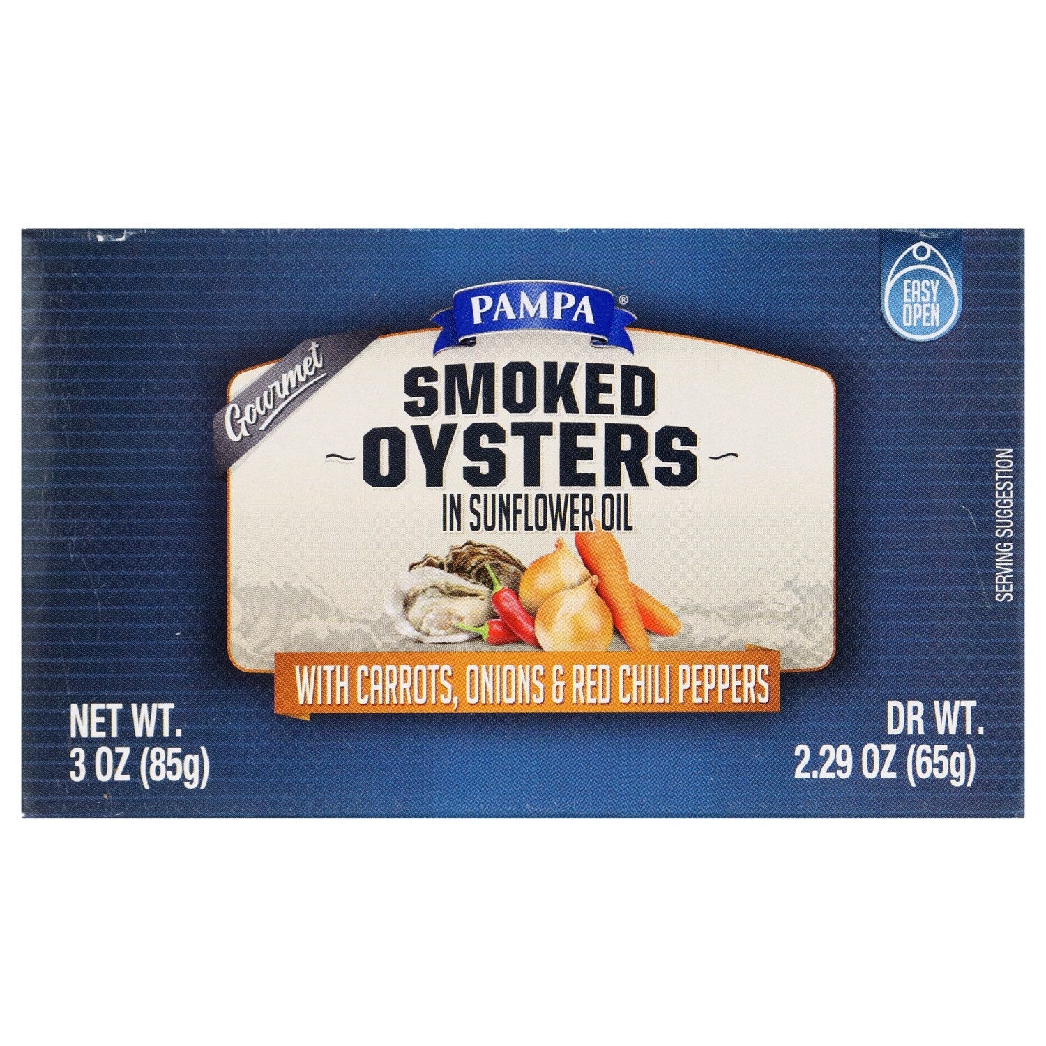 Pampa Smoked Oysters in Sunflower Oil with Carrots, Onions and Chili Peppers, 3 oz. Tins