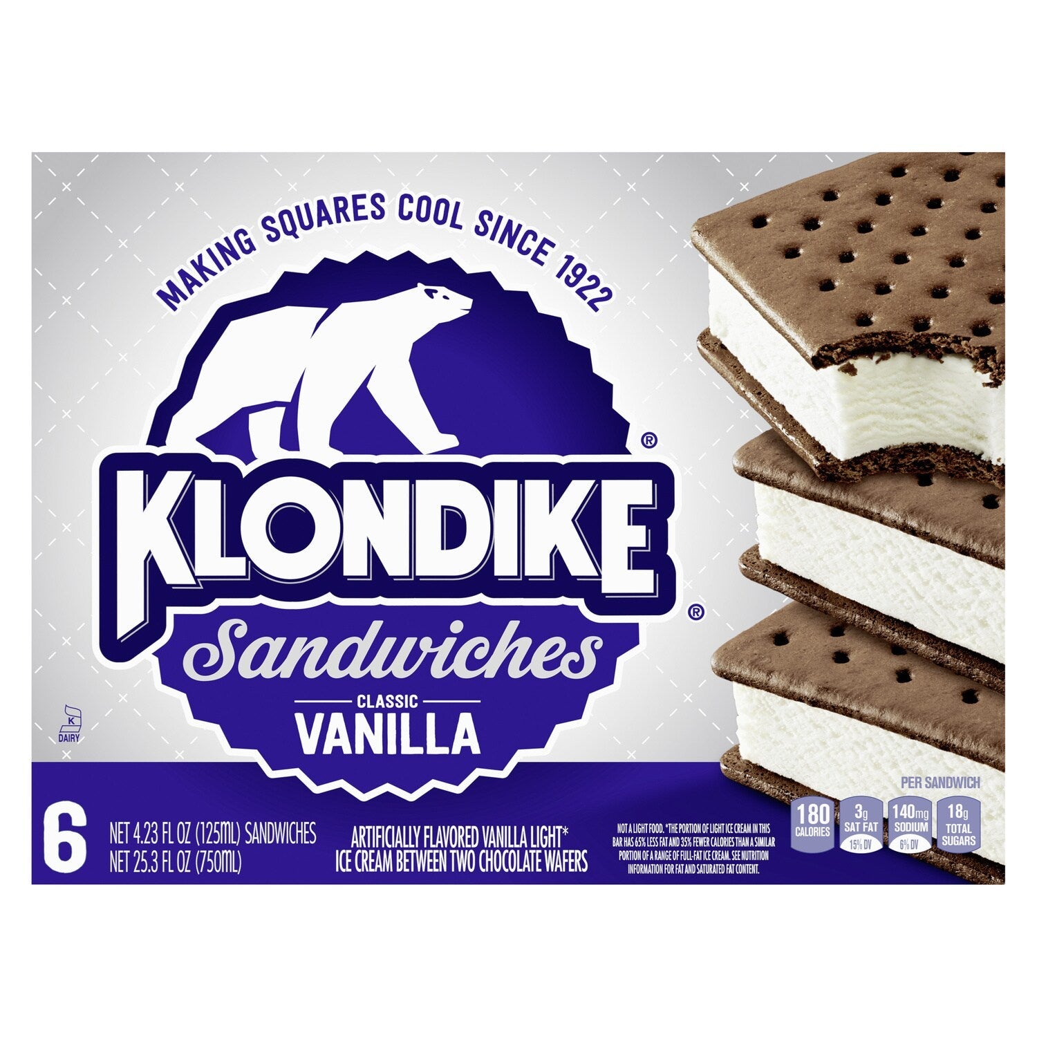 Klondike Vanilla Ice Cream Sandwiches, 6-pc Pack.