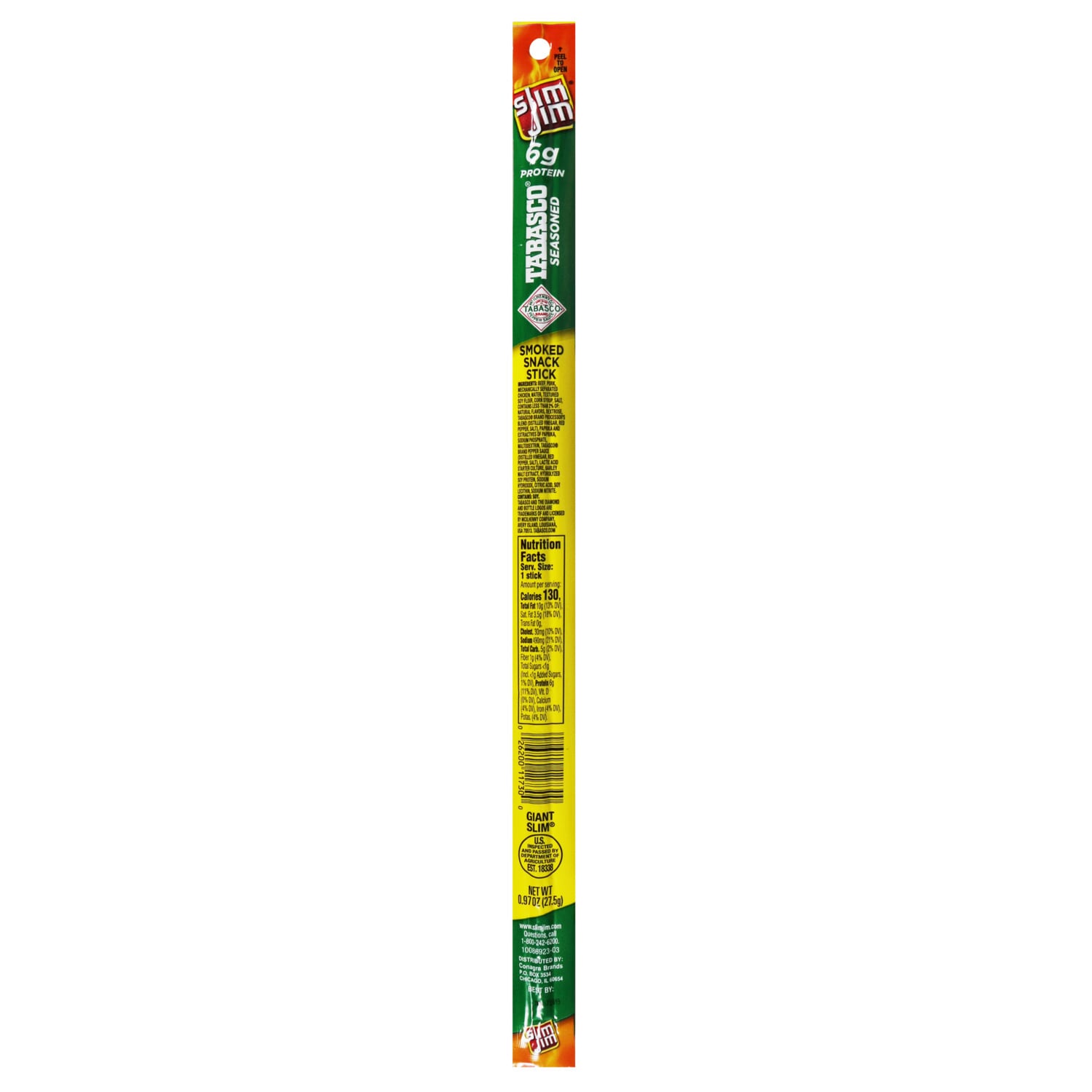 Slim Jim Giant Smoked Meat Sticks, Tabasco Flavor, 6g Protein Per Stick, 0.97 oz.