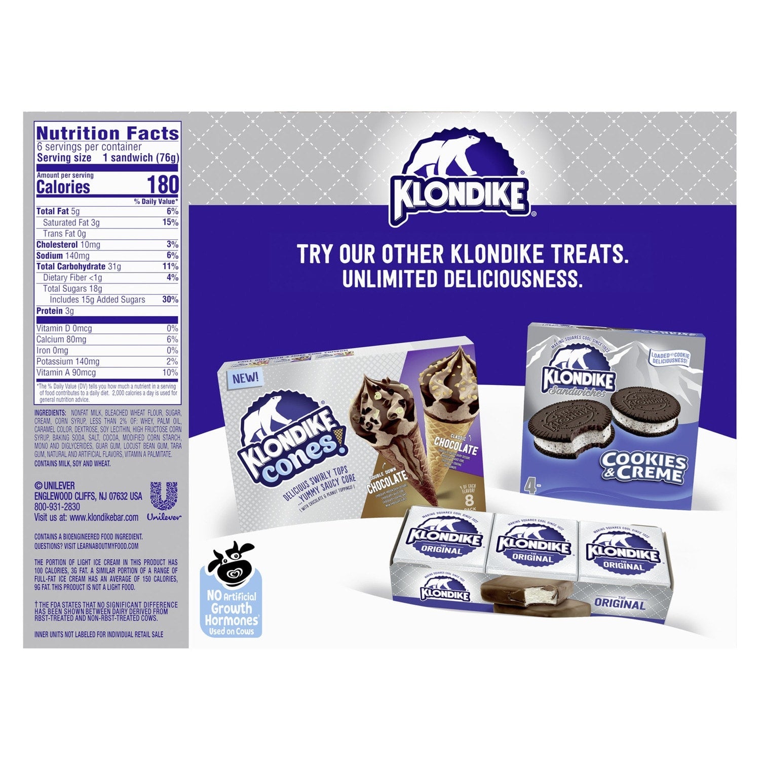 Klondike Vanilla Ice Cream Sandwiches, 6-pc Pack.