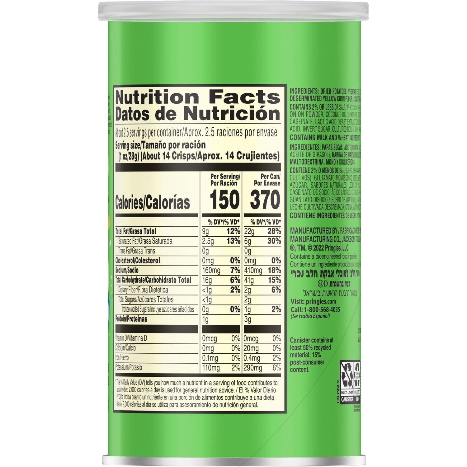 Kellogg's Pringles Grab &amp; Go Sour Cream &amp; Onion Chips, 2.5-oz. Canisters