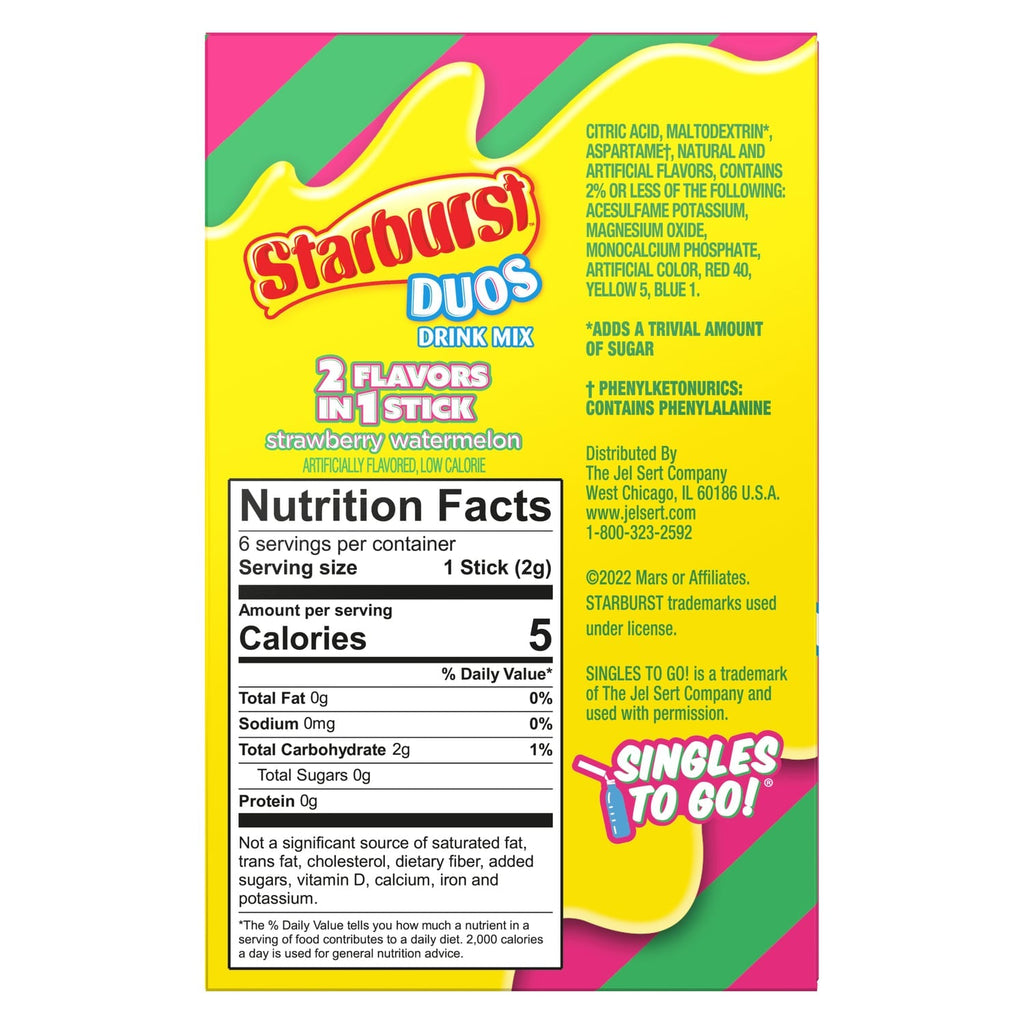 Starburst DUOS Zero Sugar Strawberry Watermelon Drink Mix, 6-pc Pack.