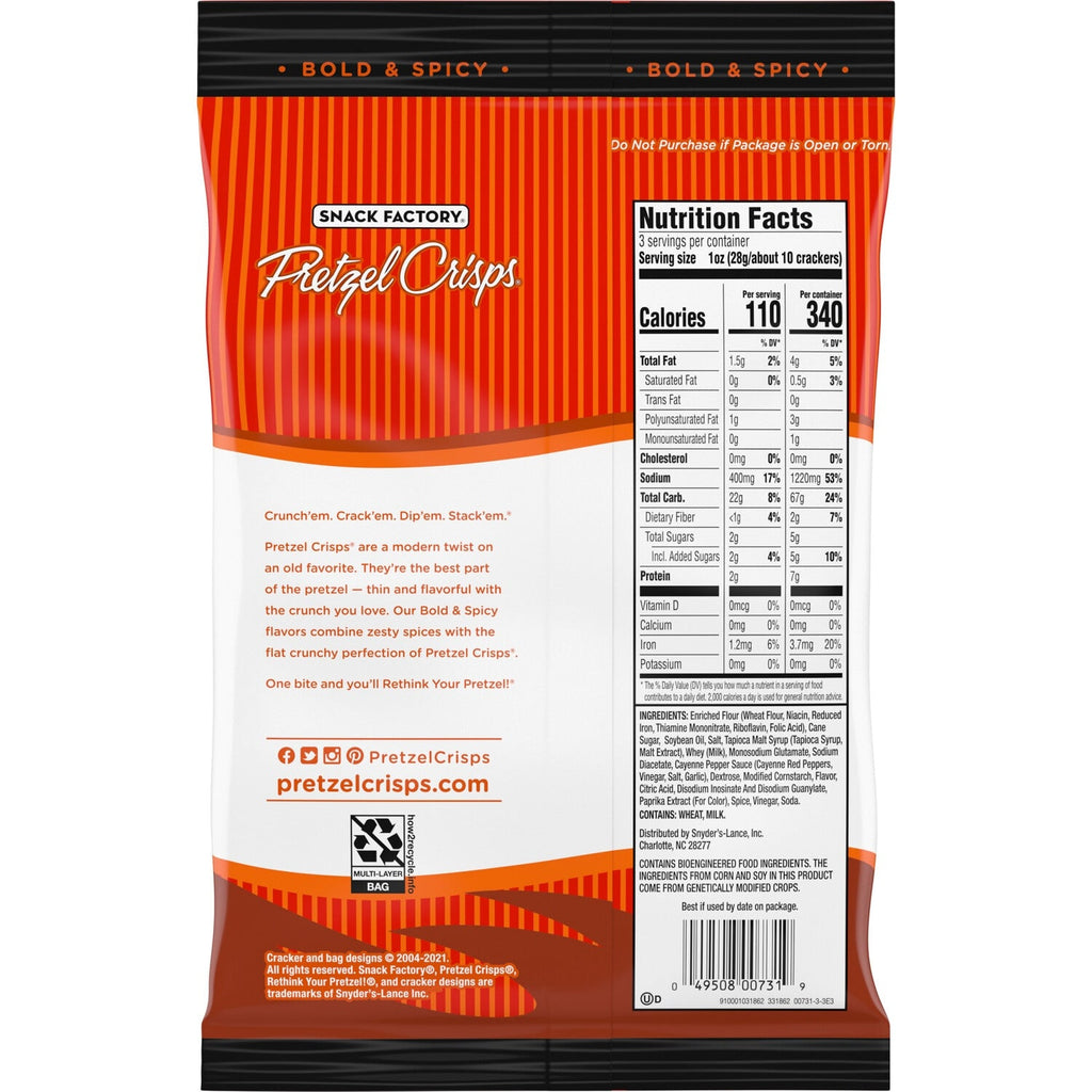 Snack Factory Buffalo Wing-Flavored Pretzel Crisps, 3-oz. Bags