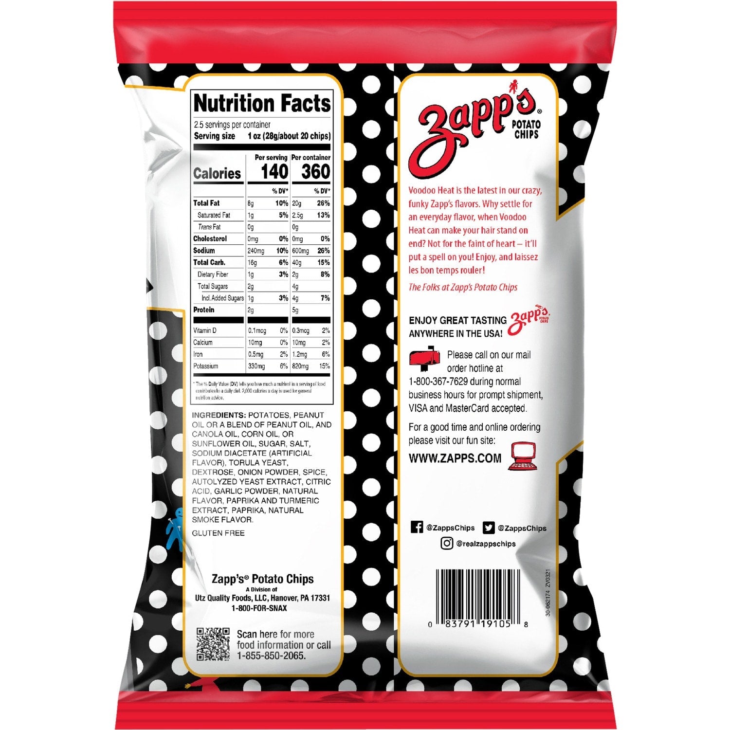 Zapp's New Orleans Kettle Style Voodoo Potato Chips, 2.5-oz.