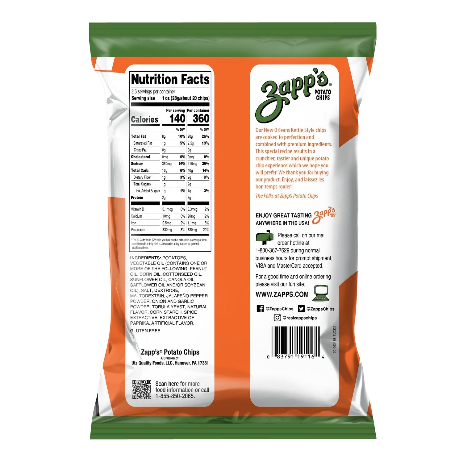Zapp's Hotter 'N Hot JalapeÃ±o New Orleans Kettle Style Potato Chips, 2.5 oz.