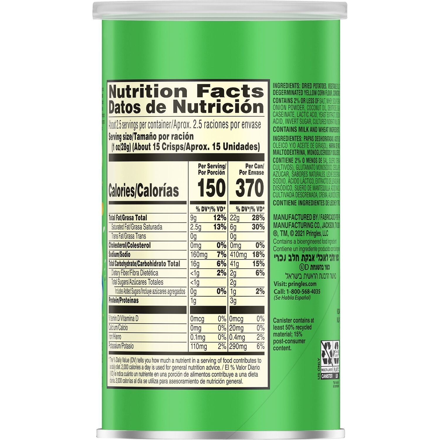Kellogg's Pringles Grab &amp; Go Sour Cream &amp; Onion Chips, 2.5-oz. Canisters