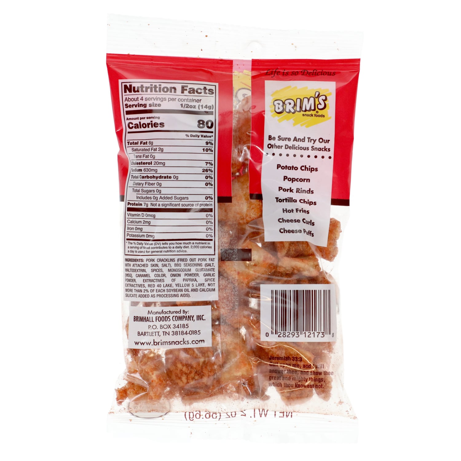 Brimâs Hot Barbecue Soft Cracklin Pork Rind Snacks, 2 oz.