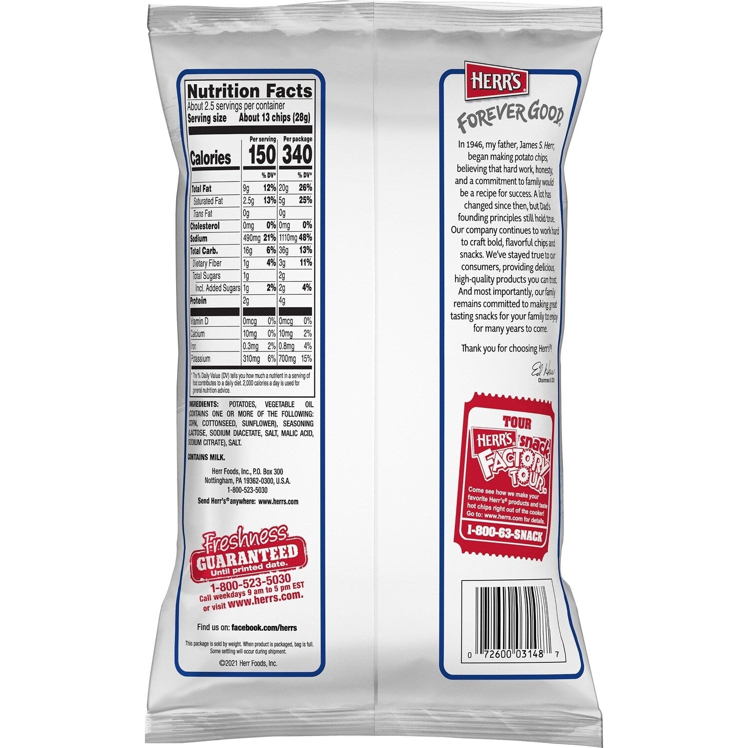 Herr's Salt &amp; Vinegar Potato Chips, 2.2 oz.