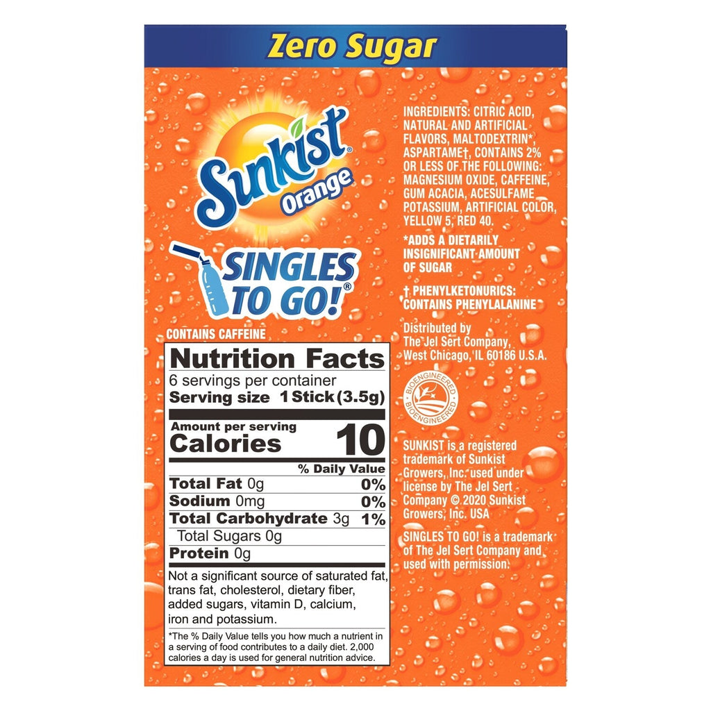 Sunkist Orange Zero Sugar Drink Mix, 6-pc Pack.