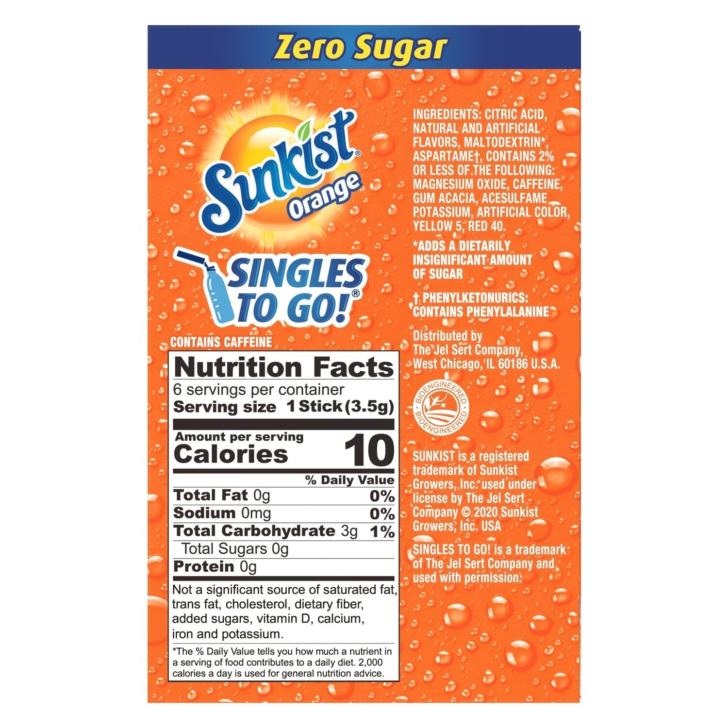 Sunkist Orange Zero Sugar Drink Mix, 6-pc Pack.