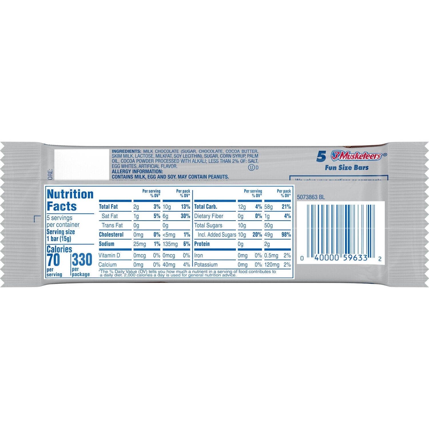 3 Musketeers Milk Chocolate Candy Bars, 5-pc Pack.