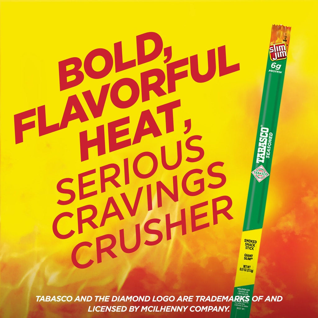 Slim Jim Giant Smoked Meat Sticks, Tabasco Flavor, 6g Protein Per Stick, 0.97 oz.